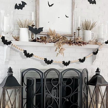 Halloween Decorations-Black Felt Bats Wood Beads Garland for Halloween Decorations Indoor- Farmhouse Felt Banner for Fireplace Mantel Walls