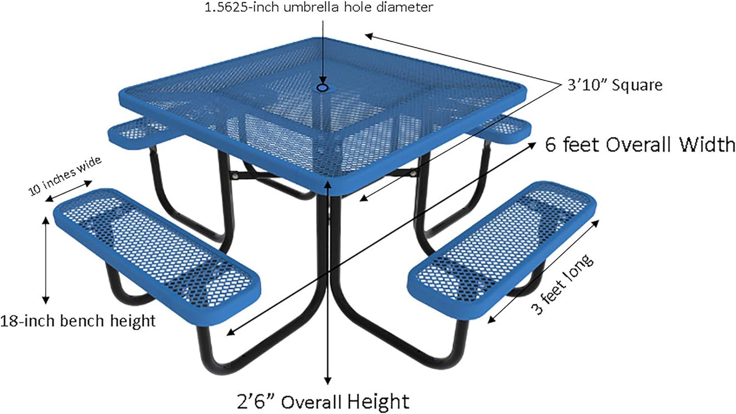 Open Air Series 46" round Picnic Table with Benches and Umbrella Hole, Commercial-Grade Steel Portable Outdoor Picnic Table, Blue