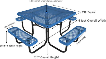 Open Air Series 46" round Picnic Table with Benches and Umbrella Hole, Commercial-Grade Steel Portable Outdoor Picnic Table, Blue