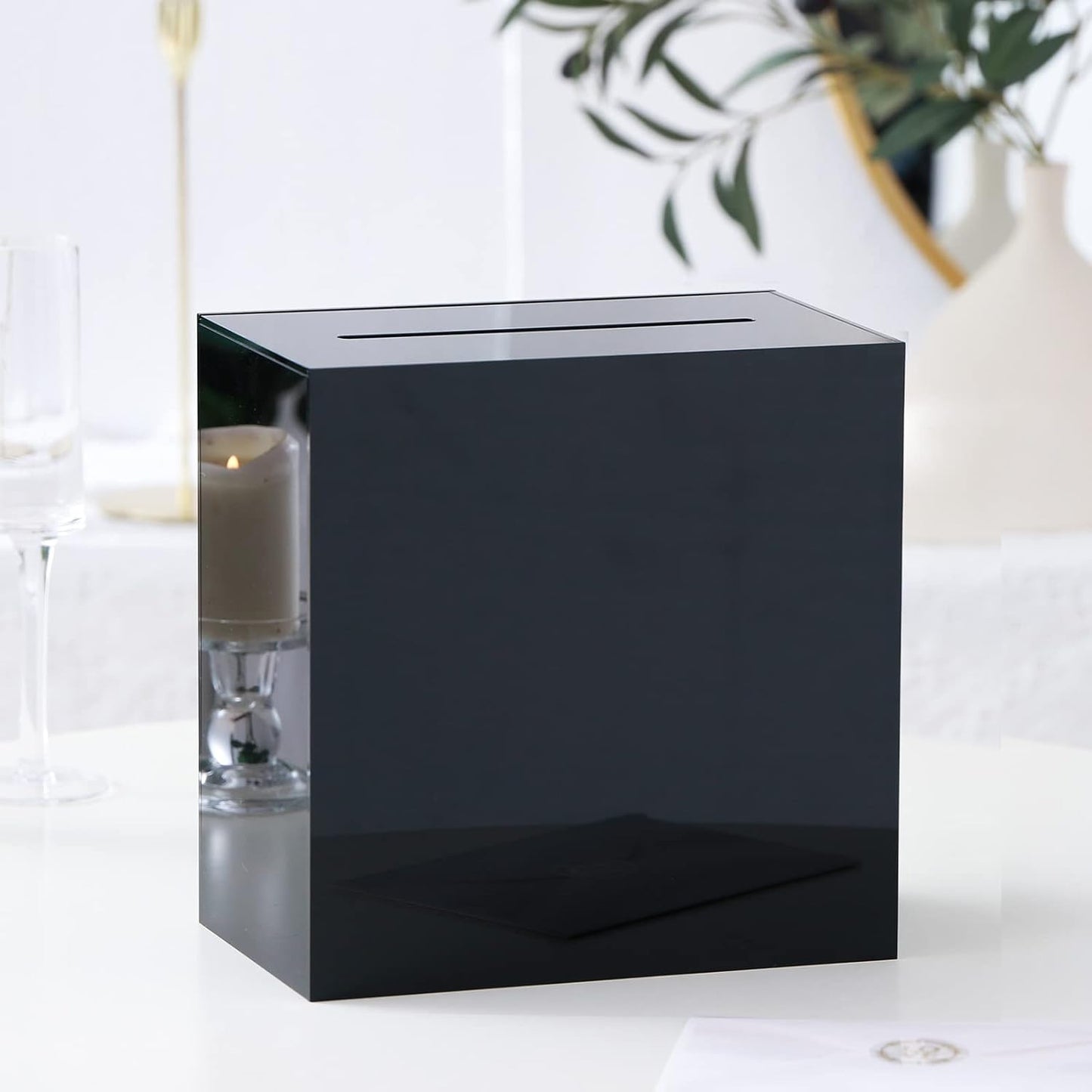 Black Acrylic Wedding Card Box with Slot, Thick DIY Large 10X10X5.5 Inch W/No Print, Wedding Receptions Wishing Well Money Box, Birthday, Memory Box