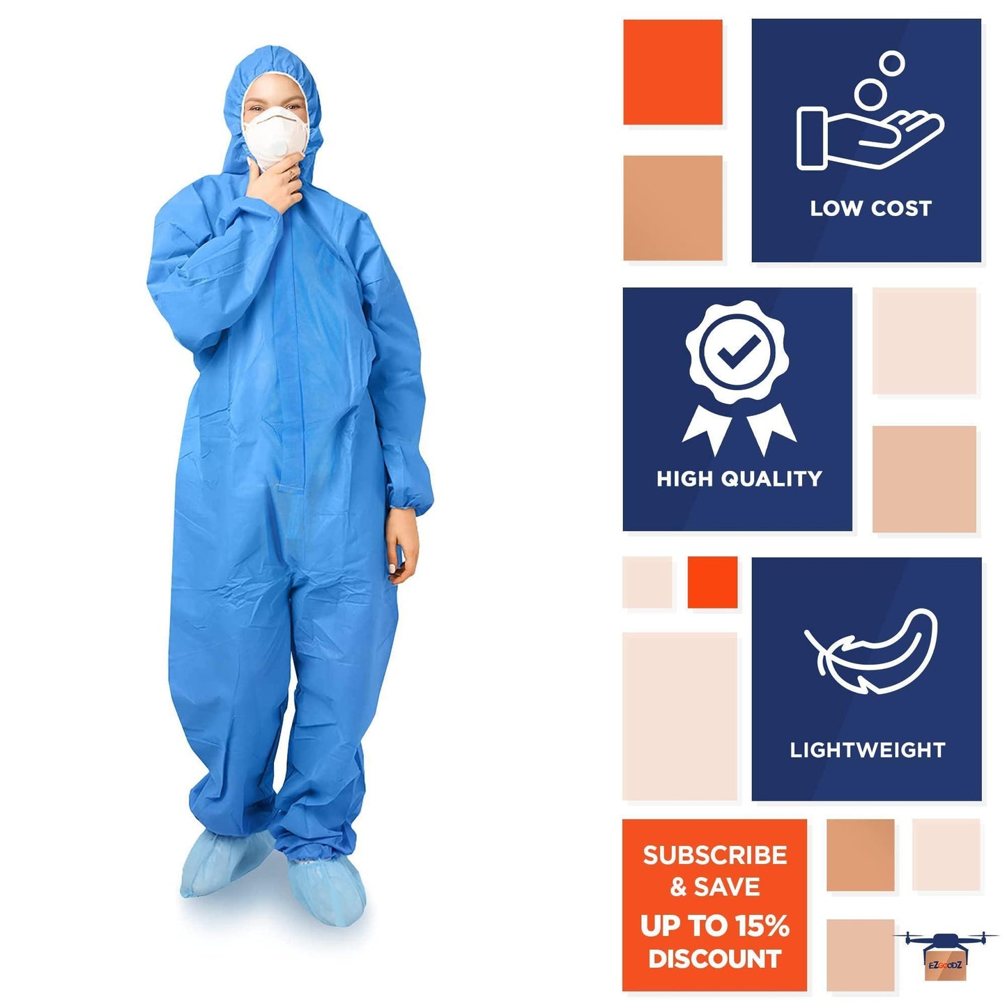 EZGOODZ Disposable Coveralls for Men Women Pack of 5 X Large Blue Hazmat Suits