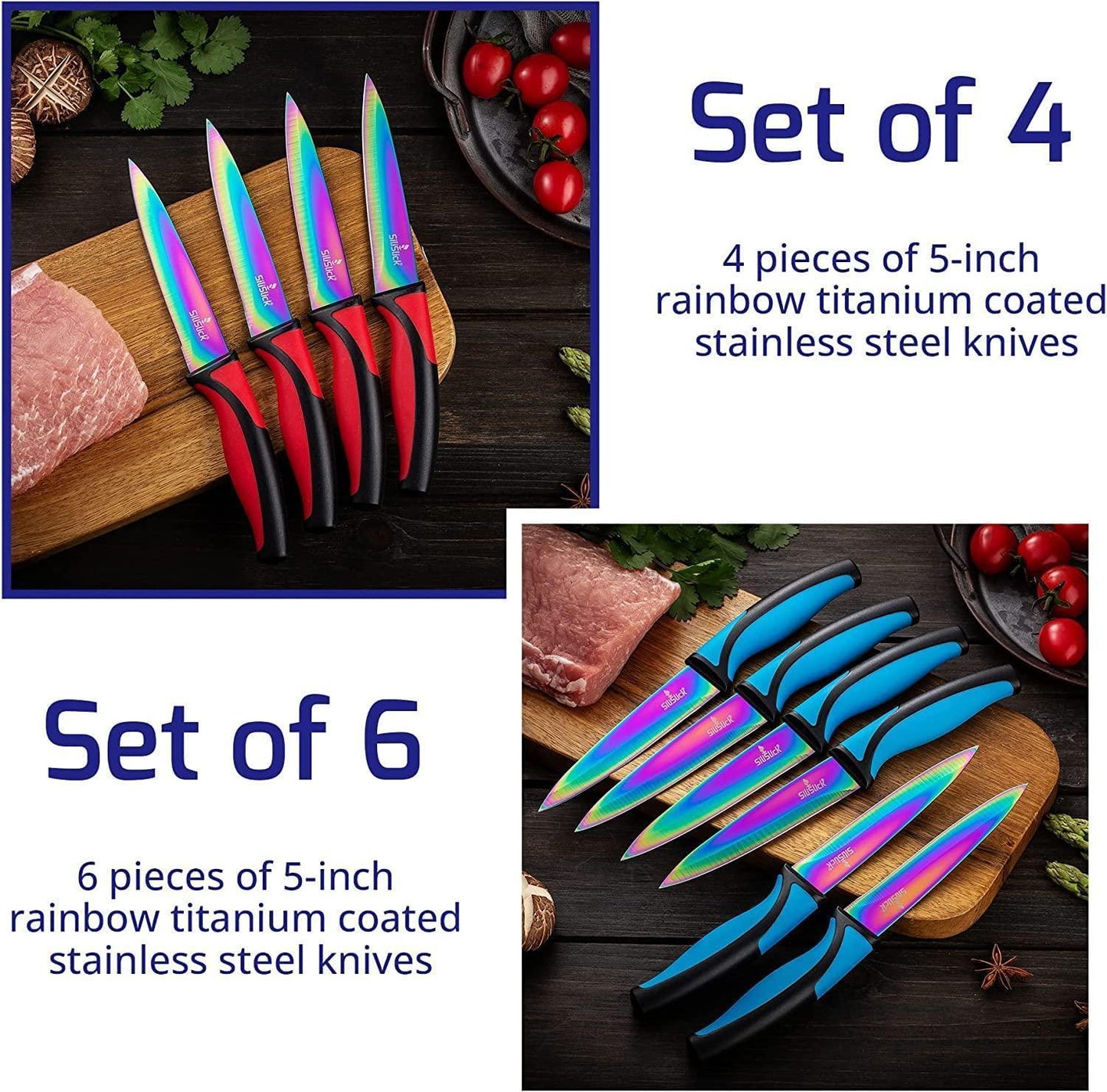 Stainless Steel Steak Knife Set   Titanium Coated Colorful Kitchen Knives with