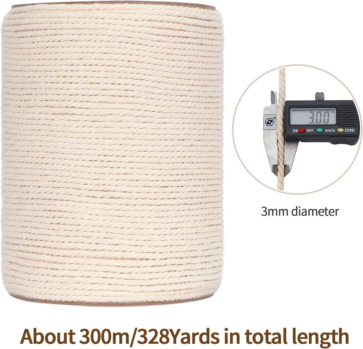 Macrame Cord 3Mm X 328Yards(984Feet), Natural Cotton Macrame Rope - 3 Strands Twisted Macrame Cotton Cord for Wall Hanging, Plant Hangers, Crafts, Gift Wrapping and Wedding Decorations