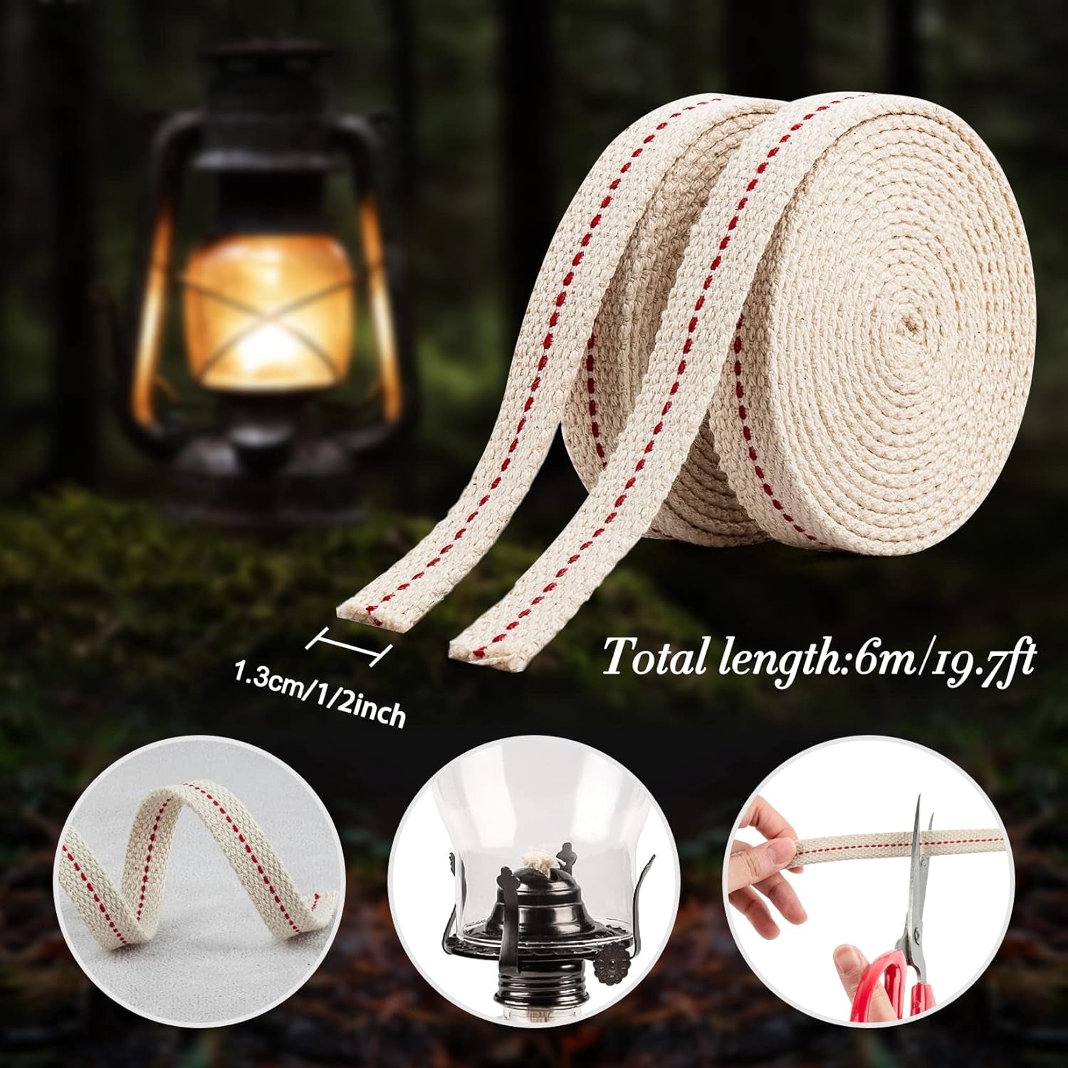 Lamp Wick Lantern Wick - Lantern Wicks 3 Rolls 1/2 Inch Flat Cotton Oil Lamp Wick with Genuine Red Stitch Replacement Oil Lanterns Wick for Paraffin Oil Kerosene Based Lanterns and Candle Burners