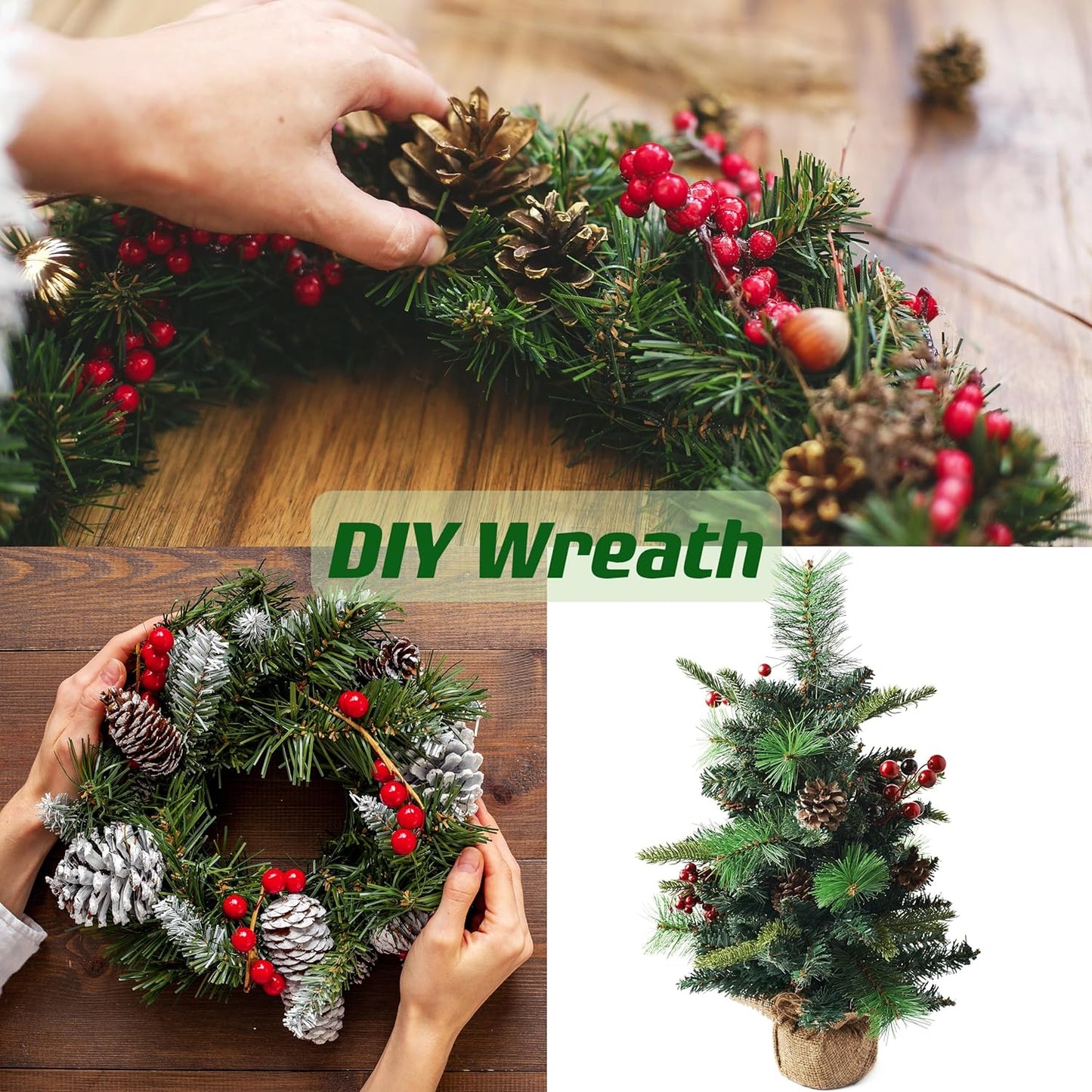 60 Pcs Artificial Pine Branches Fake Greenery Pine Picks Artificial Red Berry Stems Christmas Pine Needles for DIY Christmas Garland Wreath Xmas Embellishing Flower Arrangements Decoration