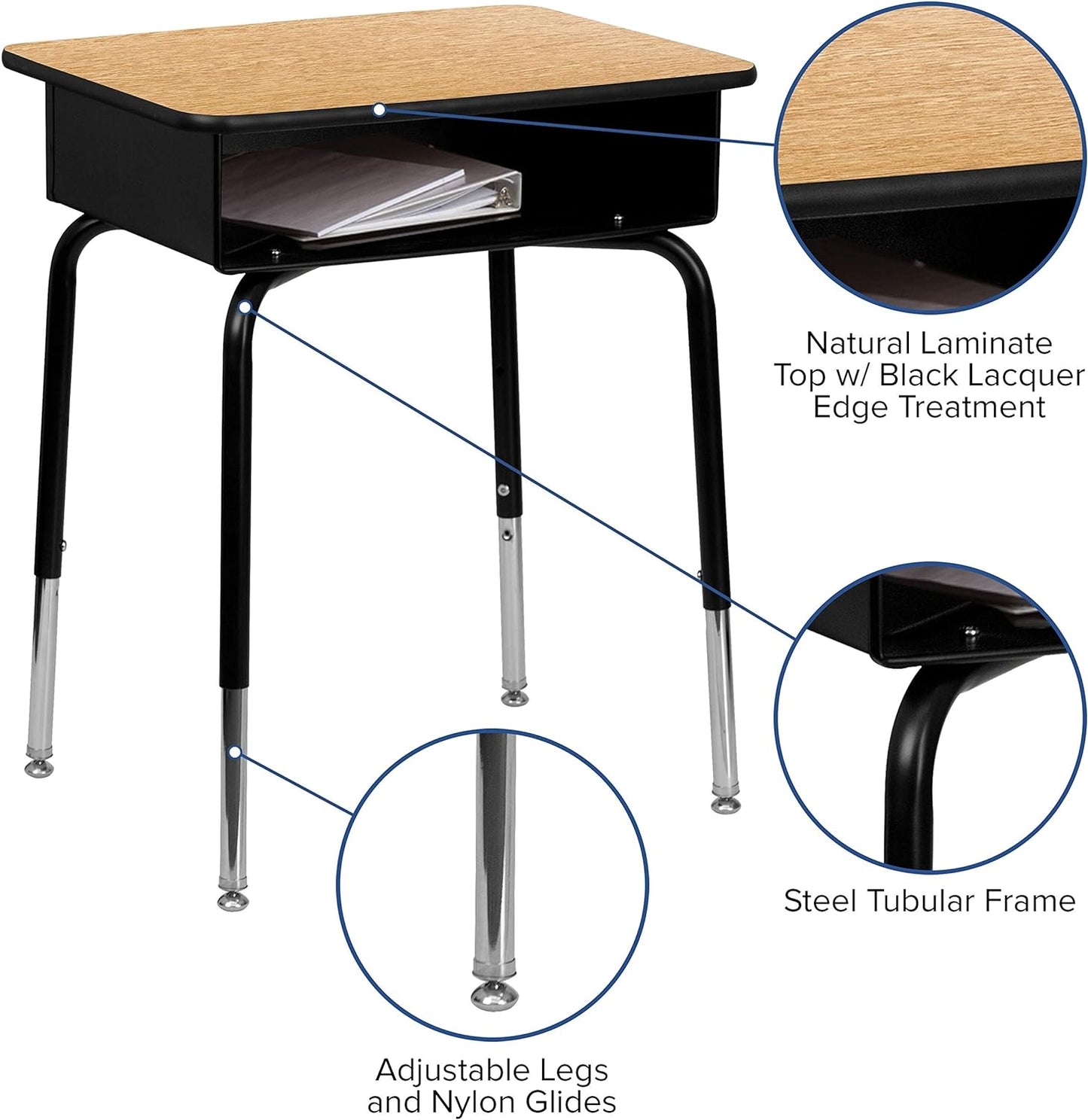 Billie Open Front Student Desk for Classrooms or Remote Learning, Height Adjustable School Desk with Metal Book Box, Natural/Black