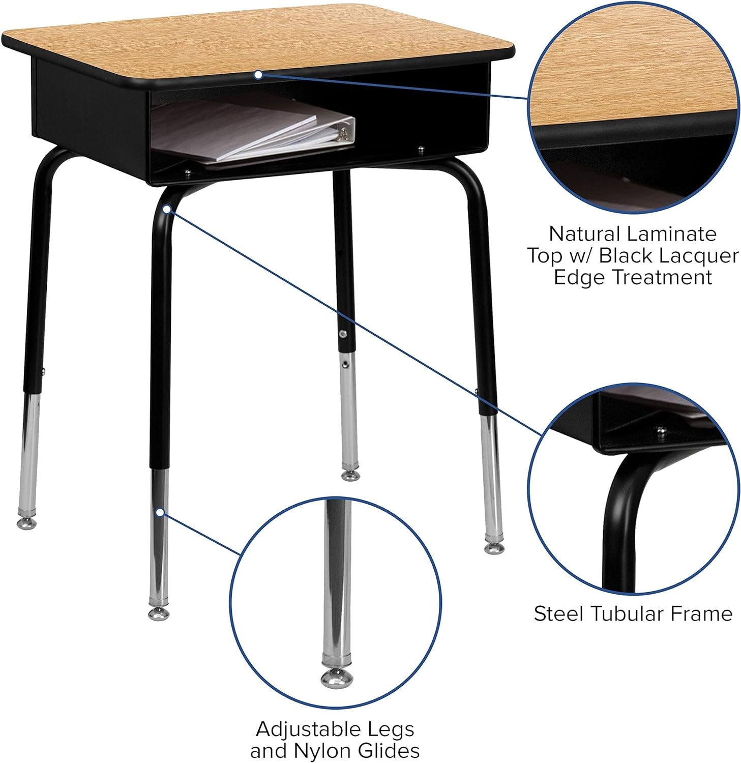 Billie Open Front Student Desk for Classrooms or Remote Learning, Height Adjustable School Desk with Metal Book Box, Natural/Black