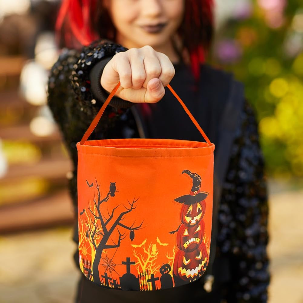 2 Pieces Halloween Candy Bucket with LED Light Trick or Treat Bags Halloween Bakset Reusable Pumpkin Candy Baskets Tote Bag for Kids Party Supplies Favors