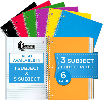 Spiral Notebook, 12 Pack, 1 Subject, College Ruled, 70 Sheets, 8 X 10-1/2", 3 Hole Punched, Bulk College Ruled Spiral Notebook for School, Single Subject Spiral Notebook Bulk, Assorted Colors