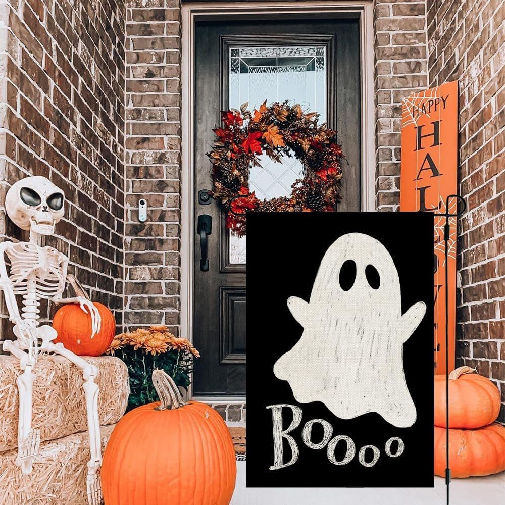 Halloween Ghost Garden Flag 12X18 Inch Double Sided Small Burlap for outside Boo Black Holiday Yard Decoration CF1079-12