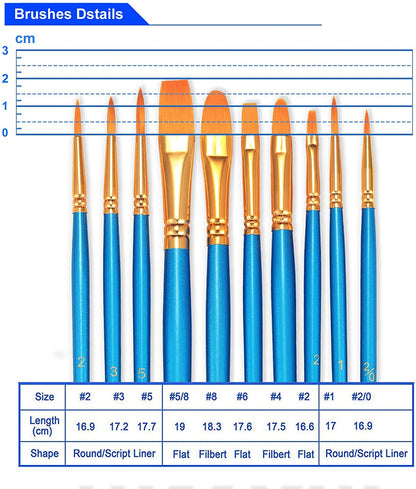 Paint Brushes Set, 10 Pieces round Pointed Tip Paintbrushes Nylon Hair Artist Acrylic Paint Brushes for Acrylic Oil Watercolor, Face Nail Body Art, Miniature Detailing & Rock Painting, Orange