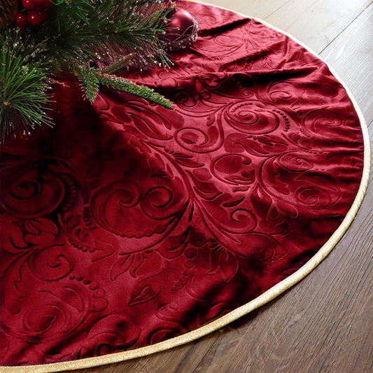 36 Inch Christmas Tree Skirt, Velvet Red Tree Skirts, Xmas Tree Skirts with Embossed Floral Pattern for Merry Christmas Party Rustic Vintage Christmas Tree Decorations