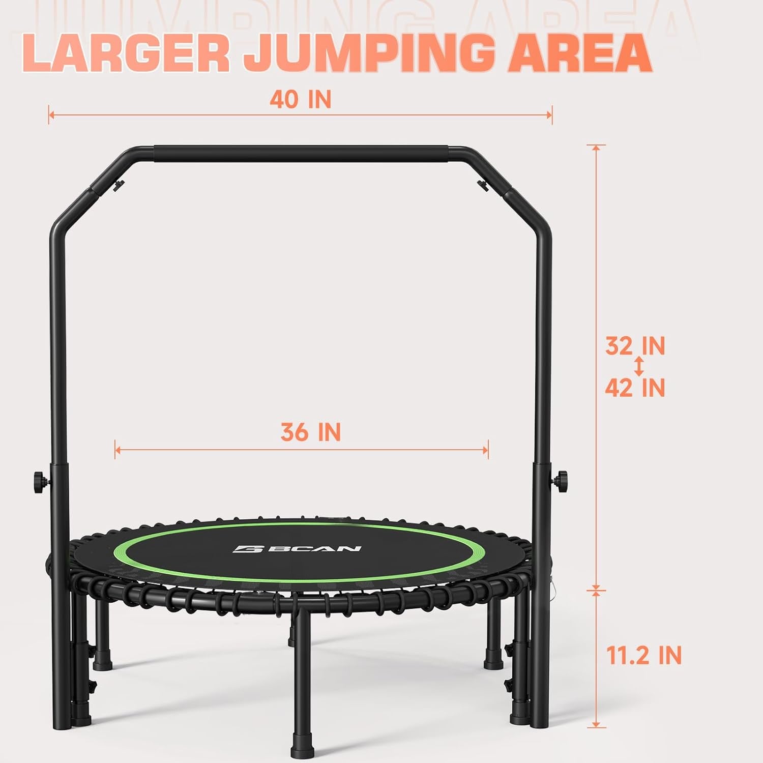 450/550 LBS Foldable Mini Trampoline, 40"/48"/50" Fitness Trampoline with Bungees, U/T Shape Adjustable Foam Handle, Stable & Quiet Exercise Rebounder for Kids Adults Indoor/Garden Workout
