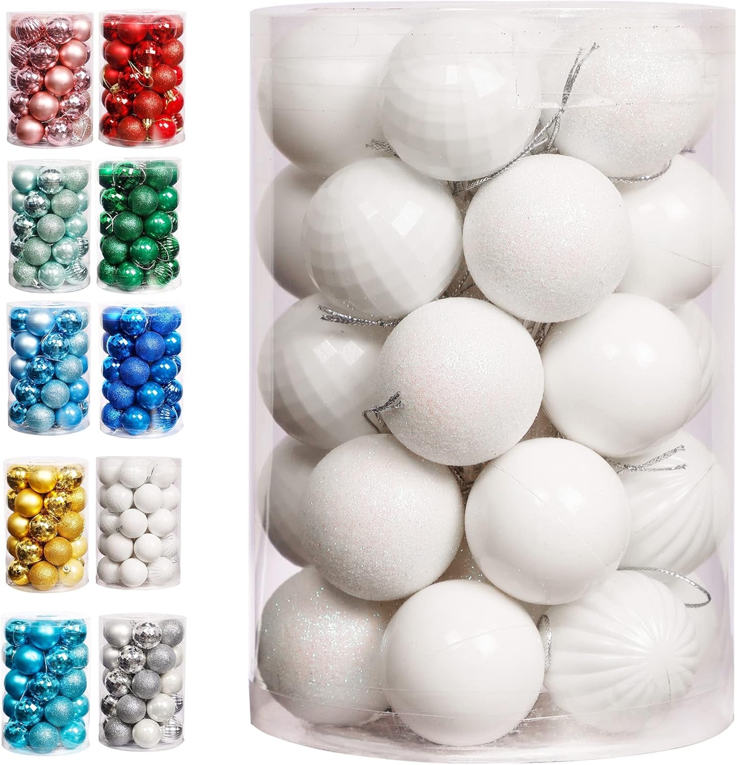 Hanging Ornaments, 34 Count Pre-Strung Plastic Balls, Shatterproof Barrel Packed Balls for Holiday Halloween Party Wreath Tabletop Tree Decorations, 1.57 Inch, White