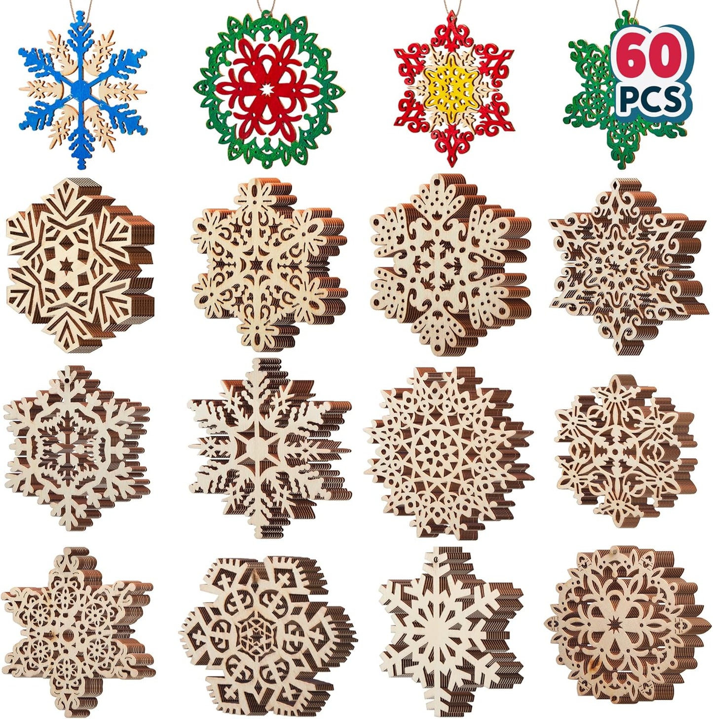 60Pcs Christmas Wooden Snowflake Hanging Ornaments Snowflakes Christmas Ornaments for Holidays, Christmas Tree Decoration, Christmas Party Holiday Decor