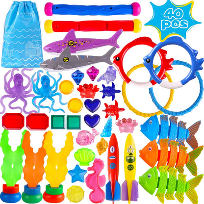 Summer Pool Diving Swimming Toys for Kids, Fun Swim Games Sinking Set, Underwater Dive Gifts with Storage Bag Include Torpedo Gems Shark Rings Sea Animals for Boys Girls Toddlers 20 Packs