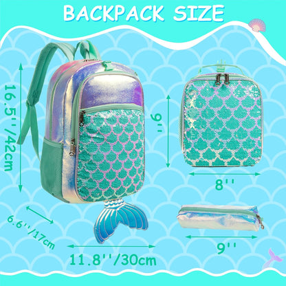Cute Mermaid School Backpacks for Girls Backpack with Lunch Box for Elementary Student Kids Travel Bookbag for Girls Ages 6-8 Years Old