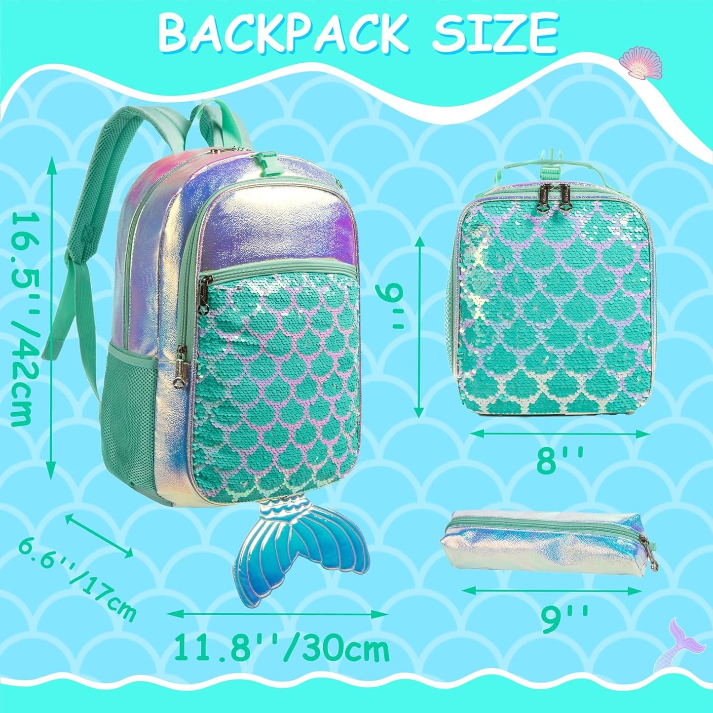Kids Backpack for Gilrs School Mermaid Backpacks with Lunch Box for Elementary Kindergarten Cute 4 in 1 Bookbag for Girls