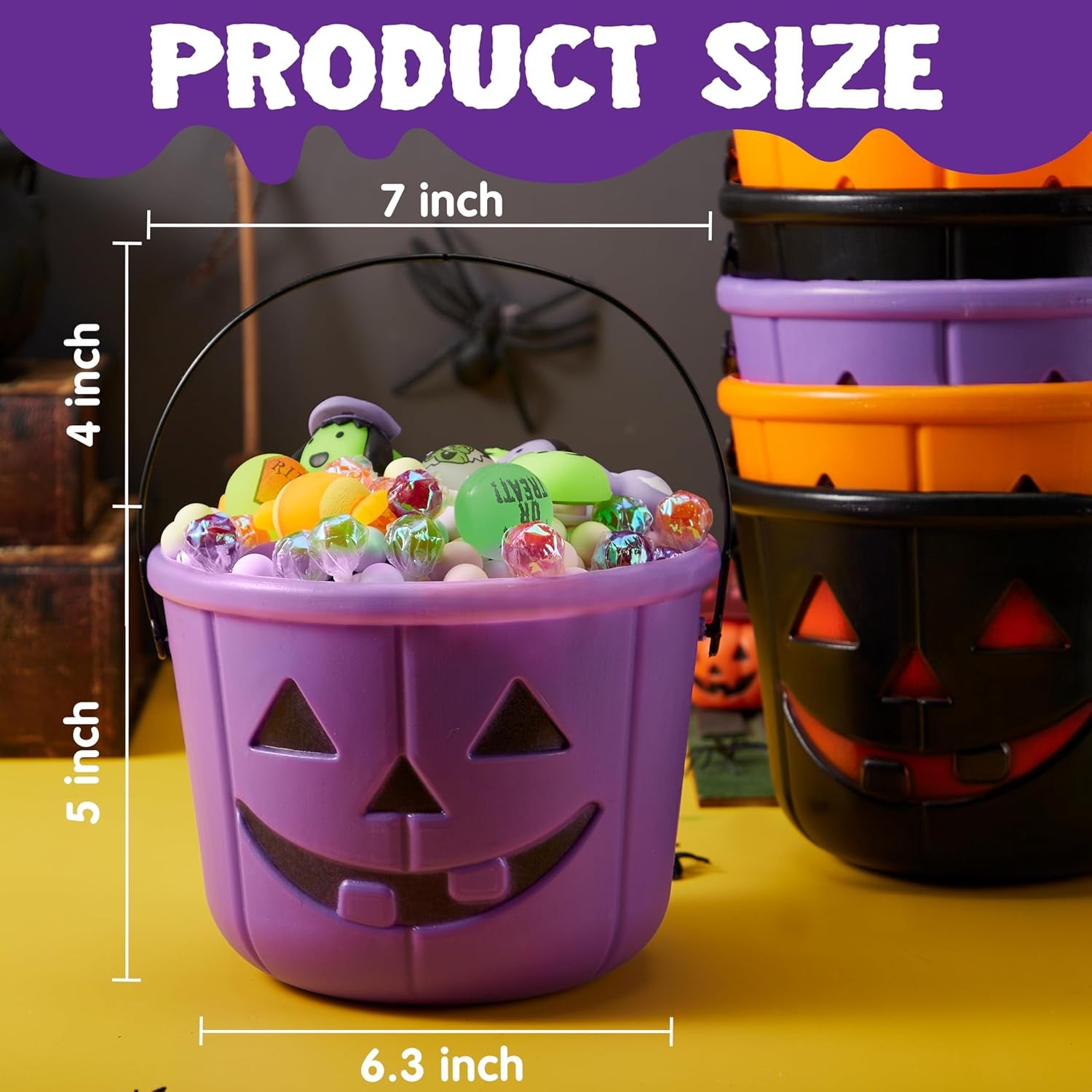 Halloween Trick or Treat Pumpkin Bucket, Orange Plastic Candy Bucket for Trick or Treating, Black Purple Jack O Lantern Basket and Pails with Handle for Kids Halloween Party Favor Supplies