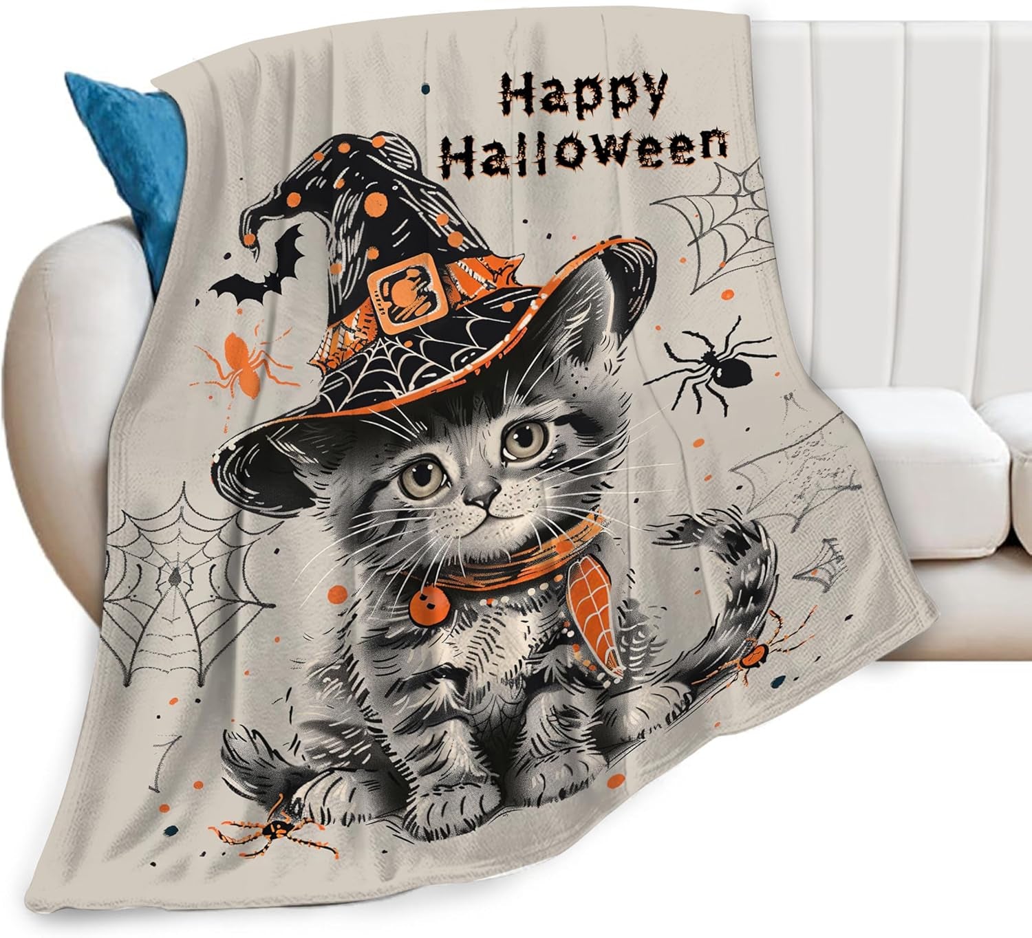 Halloween Cat Blanket Gothic Horror Scary Fleece Throw Blanket Super Soft Warm Cozy Fuzzy Plush Dark Spooky Blanket Gifts for Girls Boys Kids Halloween Decor 60"X80"