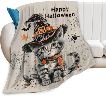 Halloween Cat Blanket Gothic Horror Scary Fleece Throw Blanket Super Soft Warm Cozy Fuzzy Plush Dark Spooky Blanket Gifts for Girls Boys Kids Halloween Decor 60"X80"