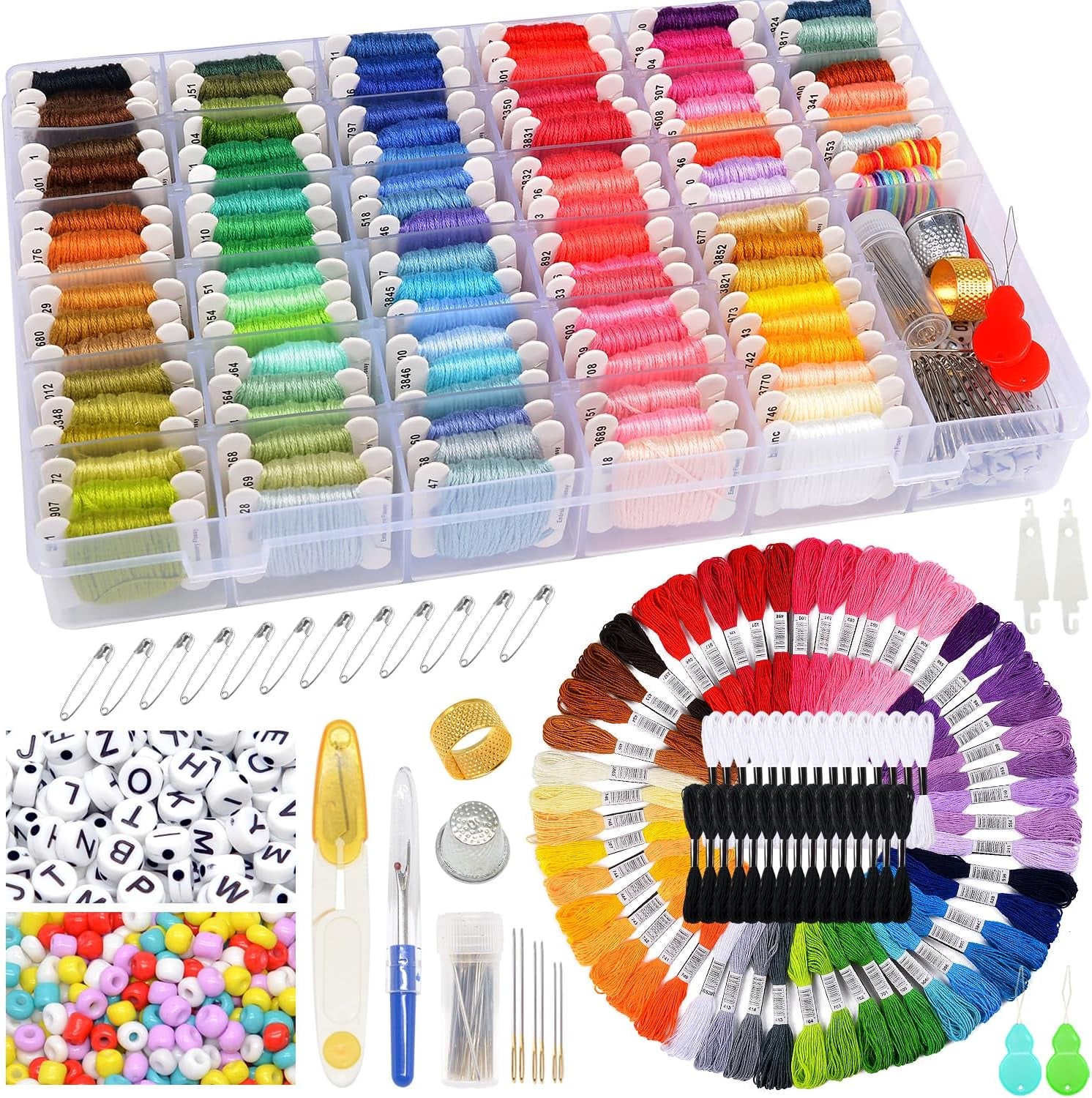 Friendship Bracelet String Kits with Organizer Storage Box, 110 Colors Embroidery Floss 52Pcs Cross Stitch Tools-Labeled with Embroidery Thread Numbers for Bobbins Great Production Gift