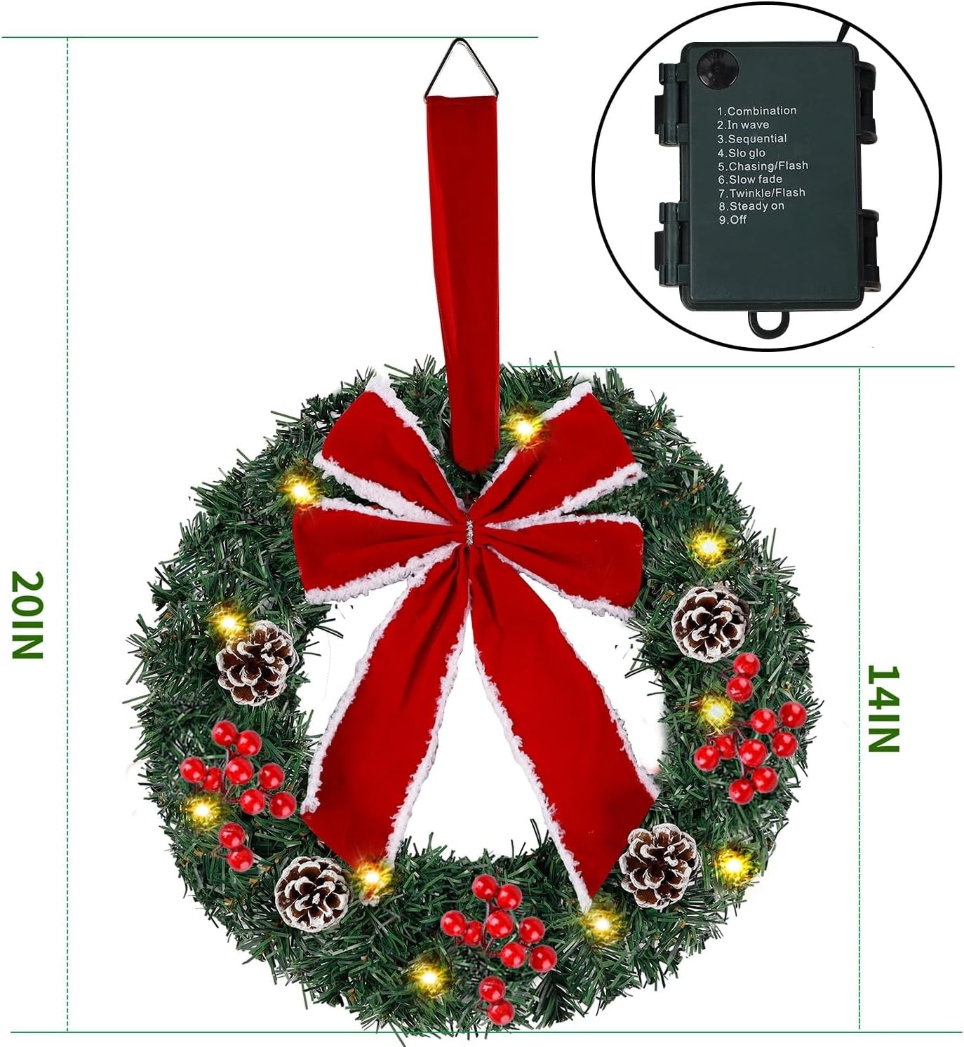 Set of 3 Christmas Wreaths, Lighted Artificial Christmas Wreath with LED Lights & Large Red Bow Ornaments, 8 Modes & Timer, Battery Operated for Front Door Gate Wall Xmas Party Decorations