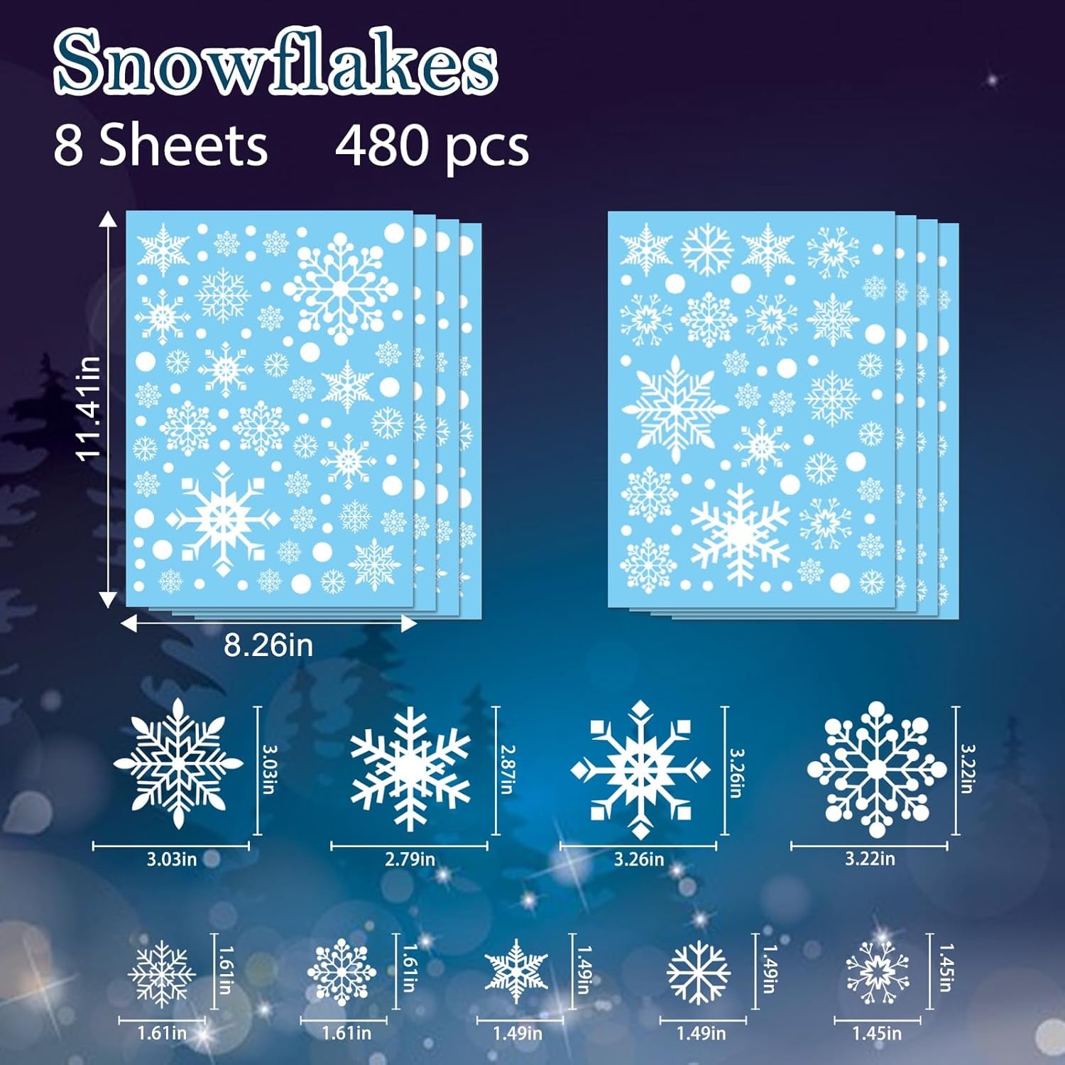 Christmas Decorations 480 Pcs Snowflakes Window Clings 8 Sheets Snowflakes Decor Double-Sides Christmas Window Glass Stickers Decals for Home Party Supplies