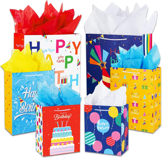 Birthday Gift Bag with Handle and Tissue Paper, 12 Pcs Gift Bags Assorted Sizes and Designs, Large, Medium, Small Size Birthday Gift Bag for Boys, Girls, 13”, 9” )