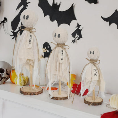 Halloween Decorations Indoor - Primitive Halloween Ghosts on Wooden Stand for Table Centerpieces, Shelves, and Mantels - Spooky Halloween Decor