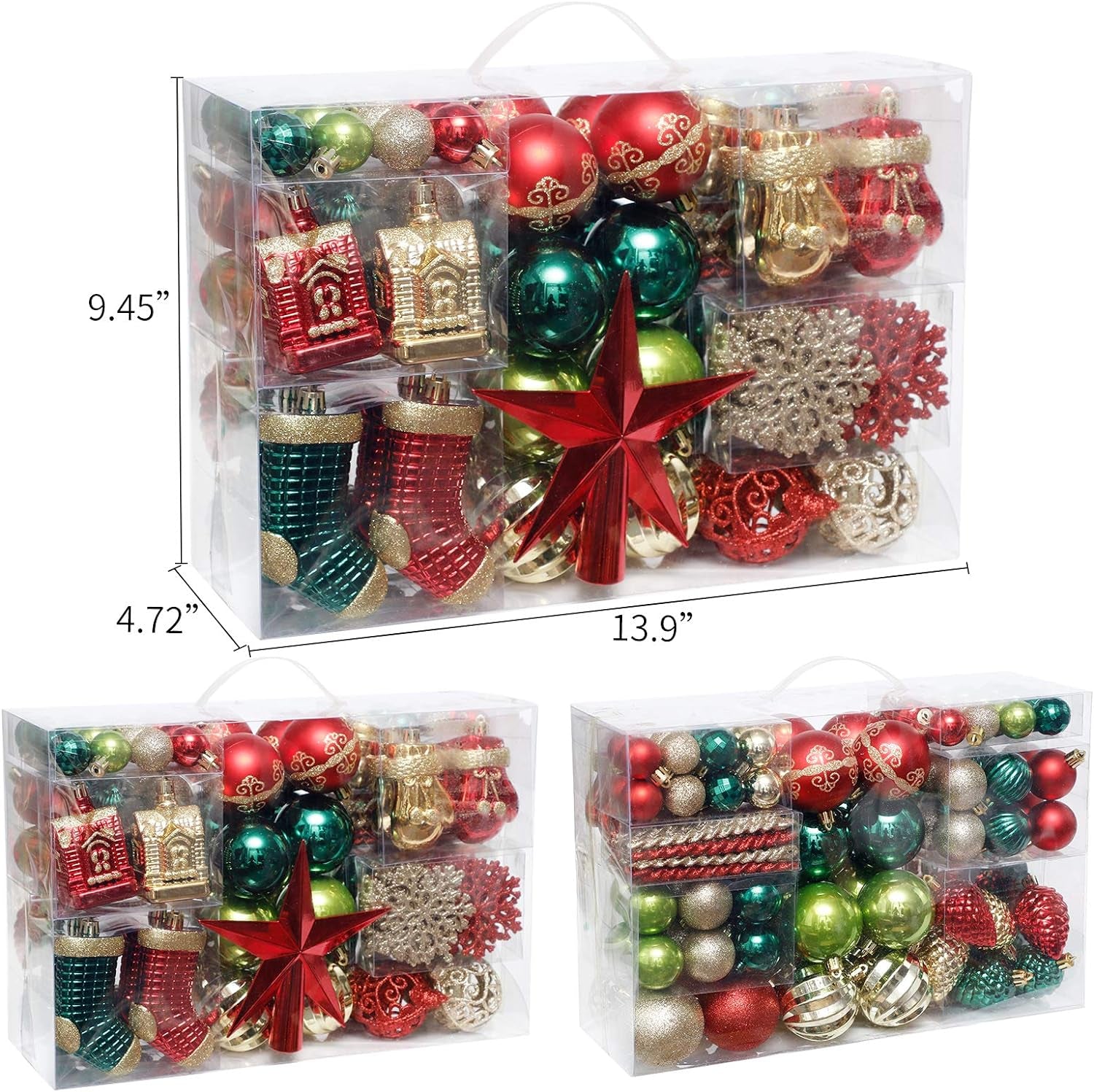 Christmas Tree Ornament, 132Pcs Christmas Tree Decoration Set Red Green Gold Christmas Ball Shatterproof Hanging Tree Ornament Assortment Set