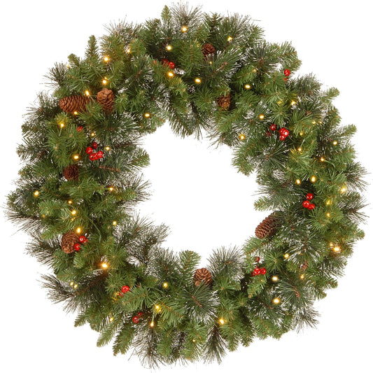 Pre-Lit Artificial Christmas Wreath, Green, Carolina Pine, White Lights, Decorated with Pine Cones and Glitter, Berry Clusters, Christmas Collection, 30 Inches