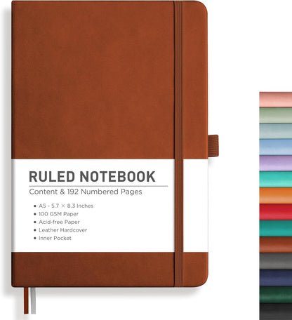 Notebook Journal - A5 College Ruled Notebook with 192 Numbered Pages, Notebook for Work, School, Writing, 100 GSM Acid-Free Paper, Leather Hardcover, Inner Pocket, 5.7'' × 8.3'' (Brown)