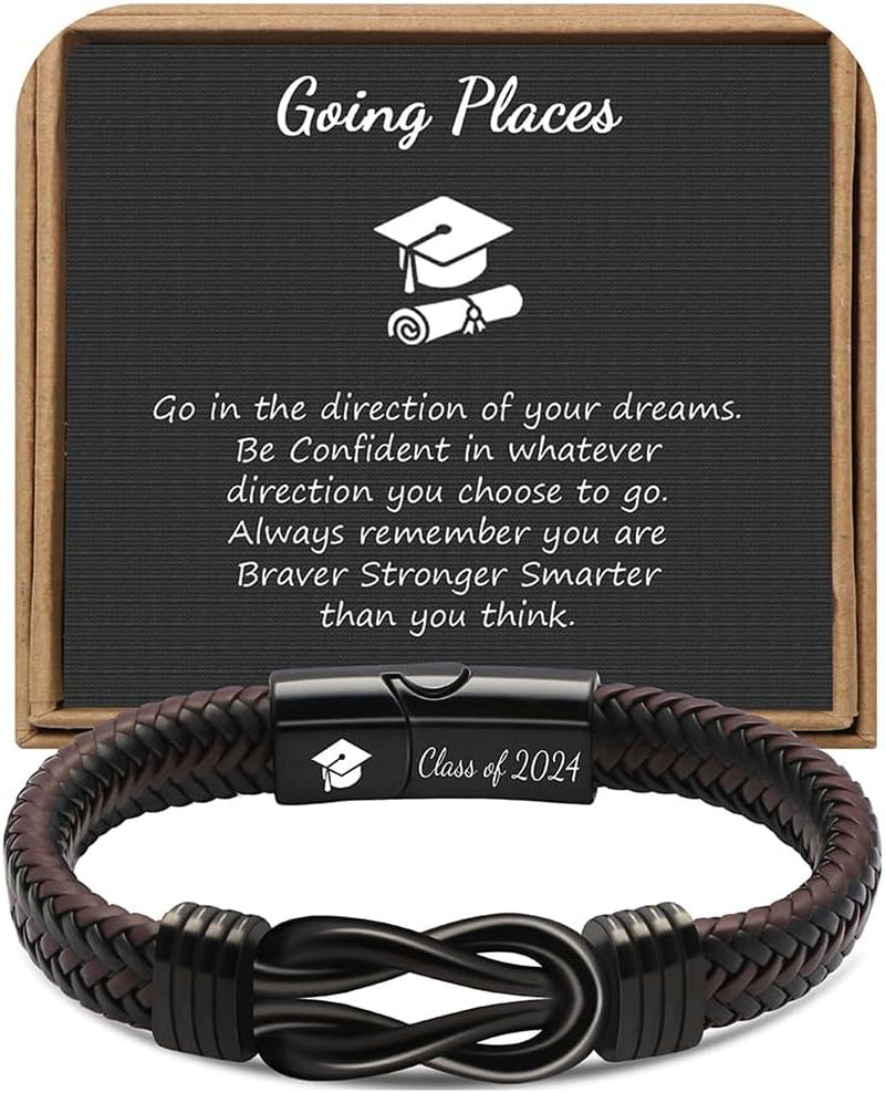 𝗚𝗿𝗮𝗱𝘂𝗮𝘁𝗶𝗼𝗻 𝗚𝗶𝗳𝘁𝘀 𝗳𝗼𝗿 𝗛𝗶𝗺 𝟮𝟬𝟮𝟰 High School, College Graduation Gifts for Men Class of 2024 Leather Stainless Steel Knot Bracelet, Graduation Gifts for Son Boyfriend Brother Grandson Friends