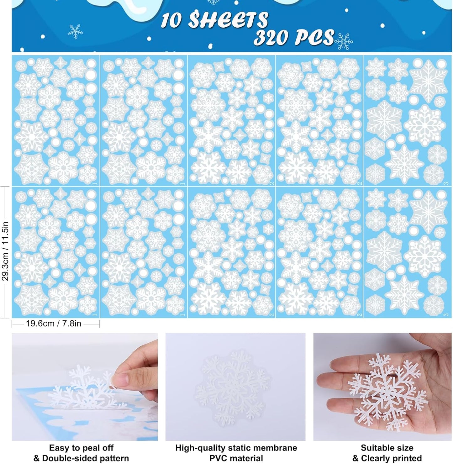 320 Pcs 10 Sheets Christmas Window Clings, Christmas Window Stickers, White Snowflake Window Decals, Double-Sided Reusable Winter Window Decoration Stickers for Holiday, Party Supplies