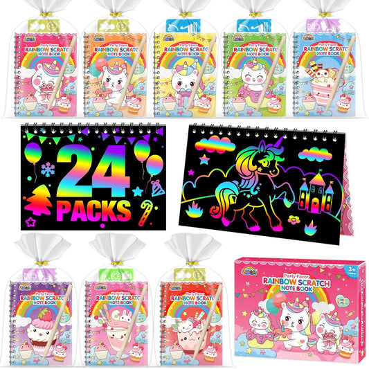 Kids Scratch Party Favors Gifts: 24 Pack Unicorn Scratch Art Notebooks Birthday Gifts Rainbow Party Favors Toys Girls Boys Bulk Art Craft Kit Stocking Stuffers Classroom Prizes Christmas Gift