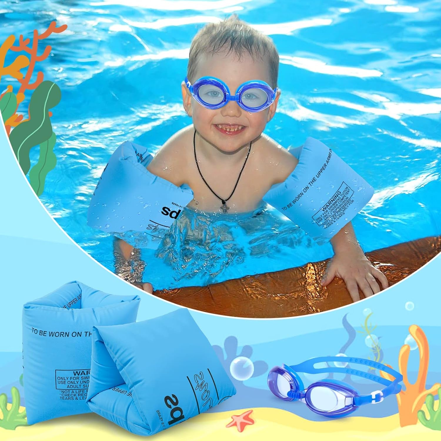 Arm Floaties for Kids 6-12Yrs, PVC Arm Floaties Inflatable Swim Arm Bands Floater Sleeves Swimming Rings and Swimming Goggles Kids Floaties for Pool 6 Pack (Blue)