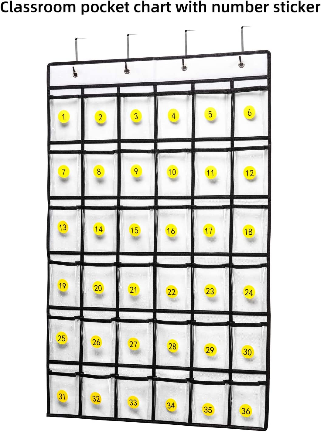 36 Clear Pockets Classroom Pocket Chart for Cell Phones, Pocket Chart for Calculator Phone Holder with 36 Number Stickers and Hooks (White)