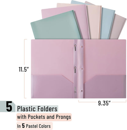 - Plastic Folders with Clear Front Pocket, 5 Pcs, Pastel Colors, File Folders with Fasteners for Documents