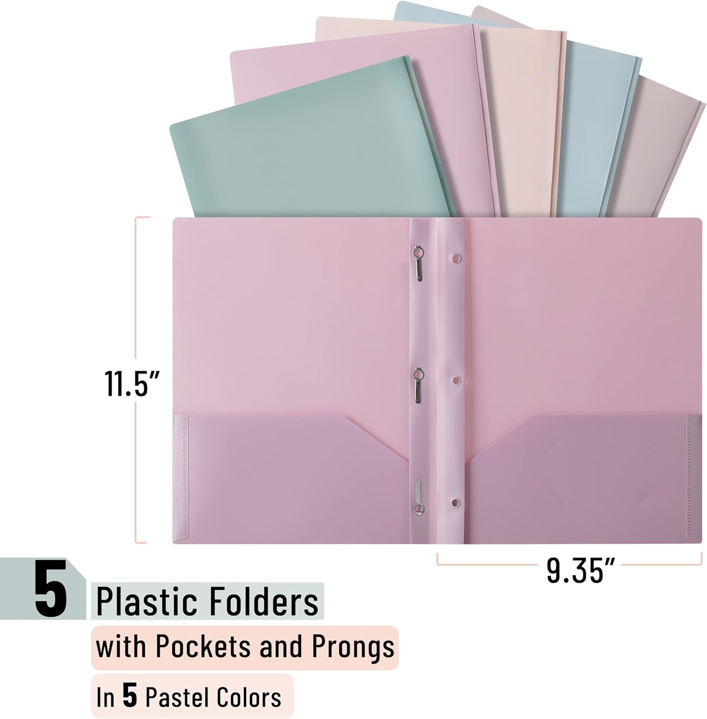 - Plastic Folders with Pockets and Prong, 5 Pack, Muted Pastel Colors, Pocket Folders, File Fasteners, 2 Folder, Two