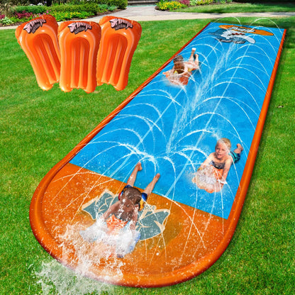 Slip Water Slide, 17Ftx7Ft Kids Slip Water Slide for Backyard Lawn, 3 Sliding Racing Lanes and 3 Inflatable Bodyboards with Sprinklers, Shark Pattern Outdoor Summer Water Toy