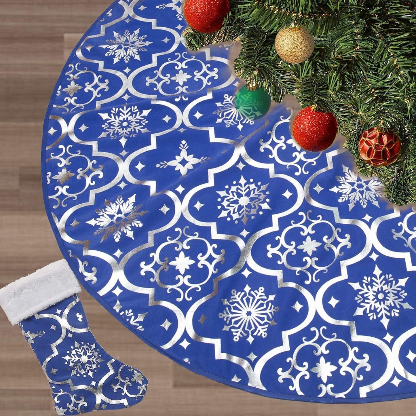 36 Inch Large Christmas Tree Skirt Xmas Soft Cover Mat Decor Snowflake Collar Farmhouse Tree Skirt for Holiday Ornaments Party Home Indoor Decorations (Blue, 36INCH)