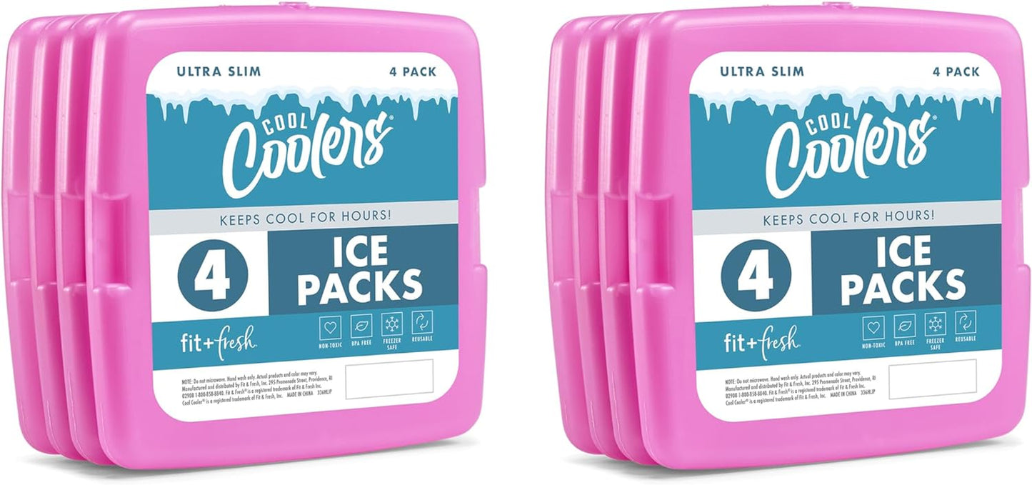 Cool Coolers by  4 Pack Slim Ice Packs, Quick Freeze Space Saving Reusable Ice Packs for Lunch Boxes or Coolers, Multi Colored