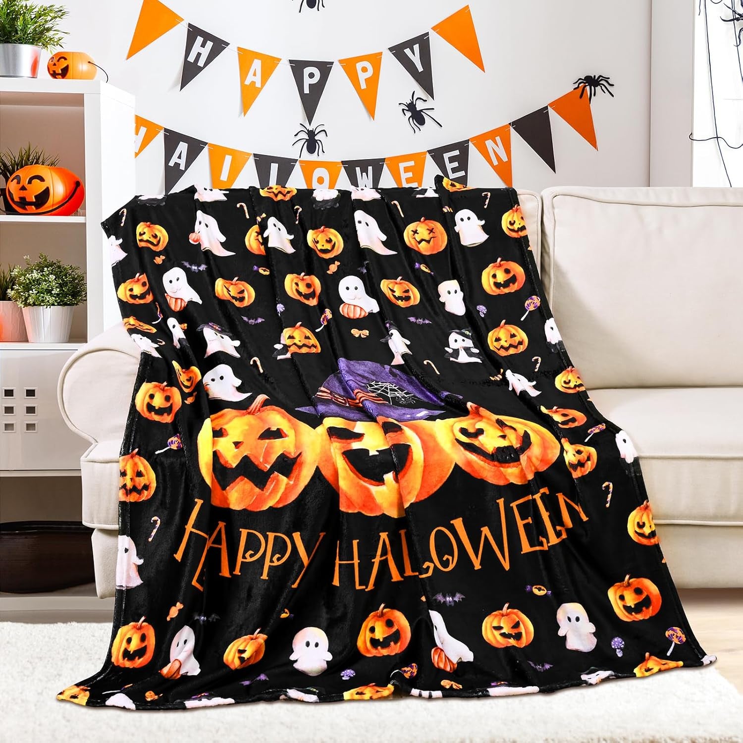 Halloween Throw Blanket Cute Pumpkin Black Blanket Halloween Blanket Flannel Throw Blanket for Couch Super Soft Cozy Comfy for Chair, Bed, Sofa, 50X60 In