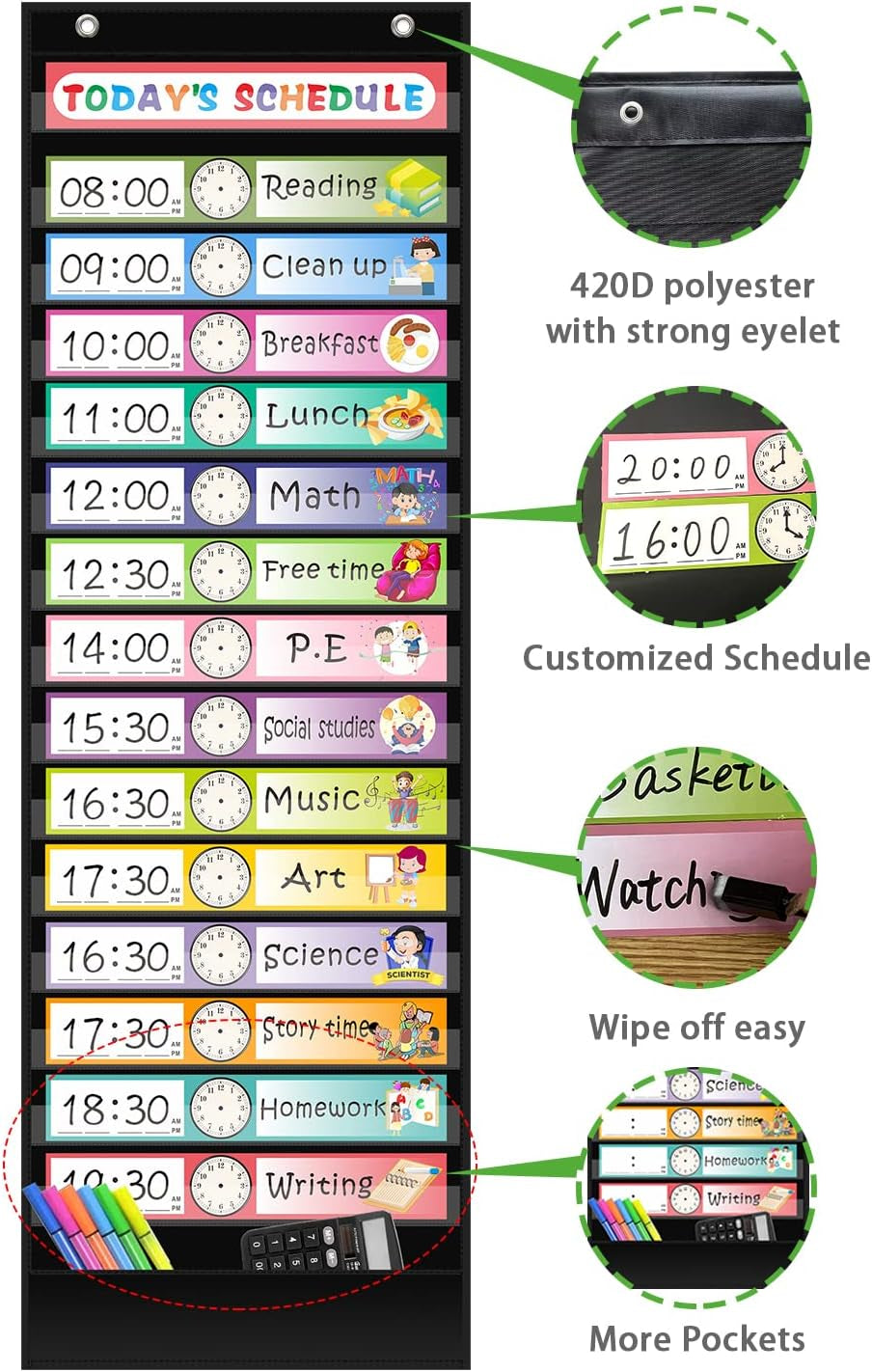 15+1 Pockets Daily Schedule Pocket Chart with 30 Pcs Double-Sided Reusable Cards, Scheduling Pocket Chart for Classroom Office Home Preschool Activity (Black)