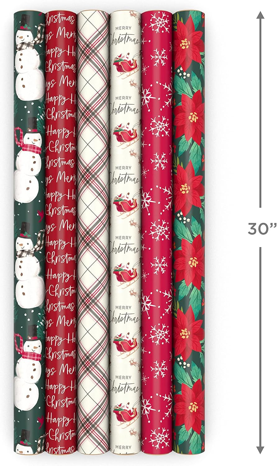 Rustic Recyclable Christmas Wrapping Paper (6 Rolls: 180 Sq. Ft. Total) Red, White and Hunter Green Plaid, Poinsettias, Snowflakes, "Merry Christmas," Snowman, Santa