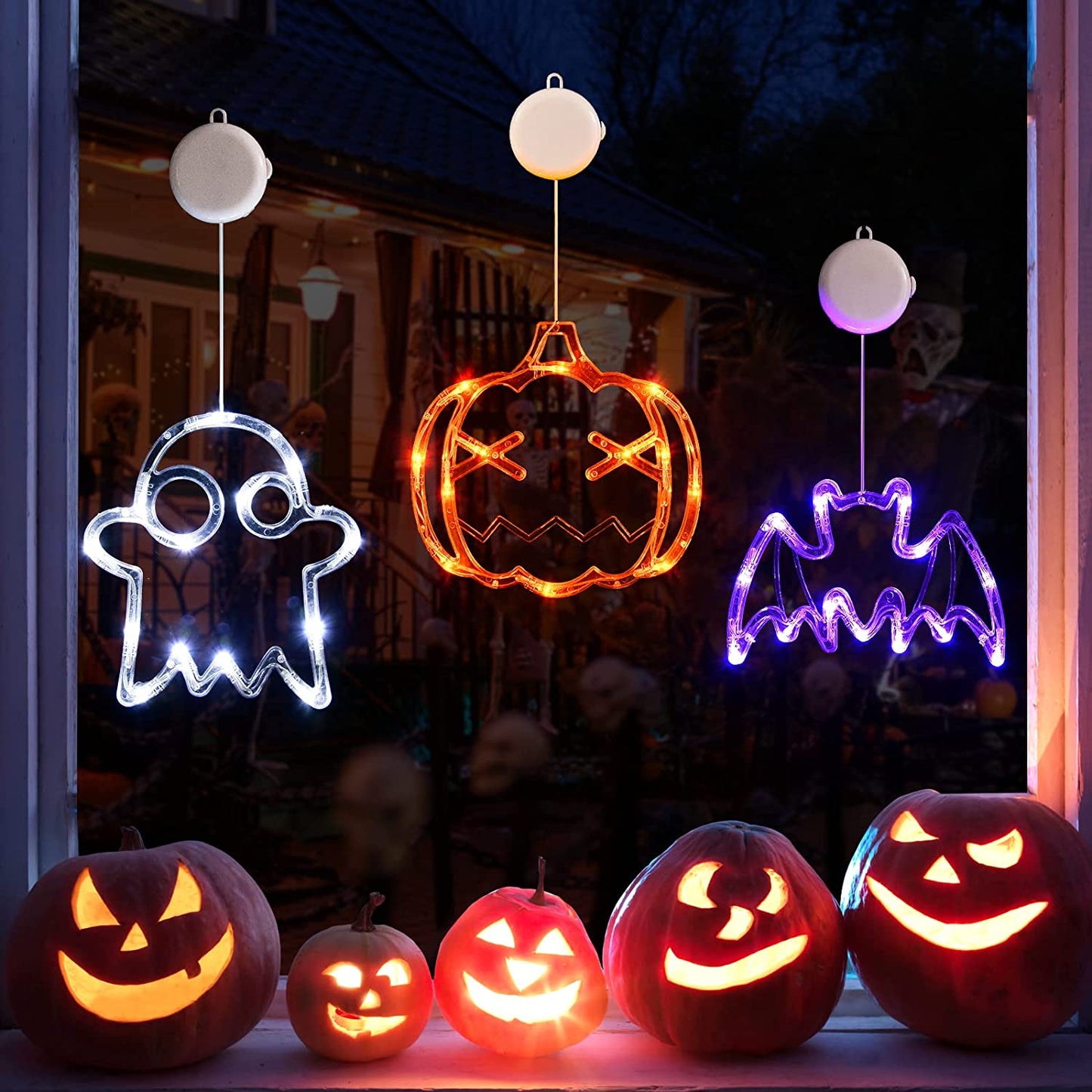 Halloween Decorations  Orange Pumpkin, White Ghost, Purple Bat Halloween Window Lights with Suction Cup, Battery Operated Halloween Lights, Upgrade Slow Fade Mode and Timer Function