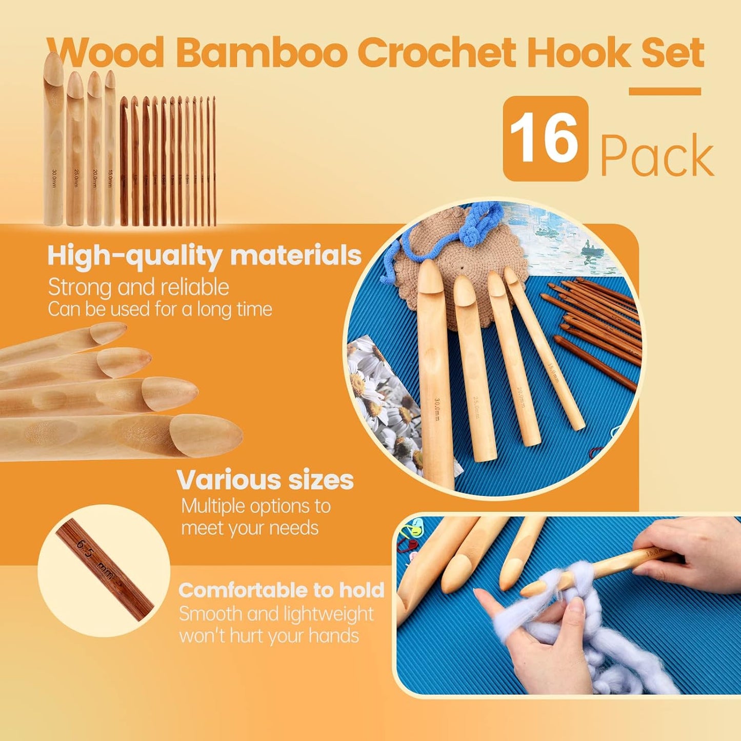 16 Pieces Wooden Crochet Hooks, 3 to 30 Mm in Diameters Handle Crochet Hook Knitting Crochet Needles with 10 Pcs Knitting Stitch Markers for Handcraft Crocheting