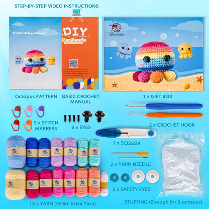 Crochet Kit for Beginners, Crochet Kit Step-By-Step Video Tutorials, Crochet Starter Kit Learn to Crochet Kits for Adults Kids Beginners, Jumbo 3 Colorful Octopus Familly (40%+ Yarn Content)