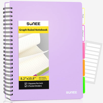 5 Subject Notebook College Ruled - 300 Pages, 8.2"X10.8", 5 Pocket Colored Dividers, 3-Hole Punched Paper, Pink